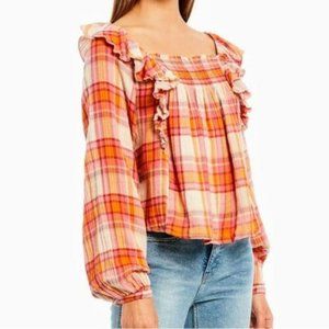We The Free Siena Plaid Pullover Boho Bohemian Top with Ruffles size Small